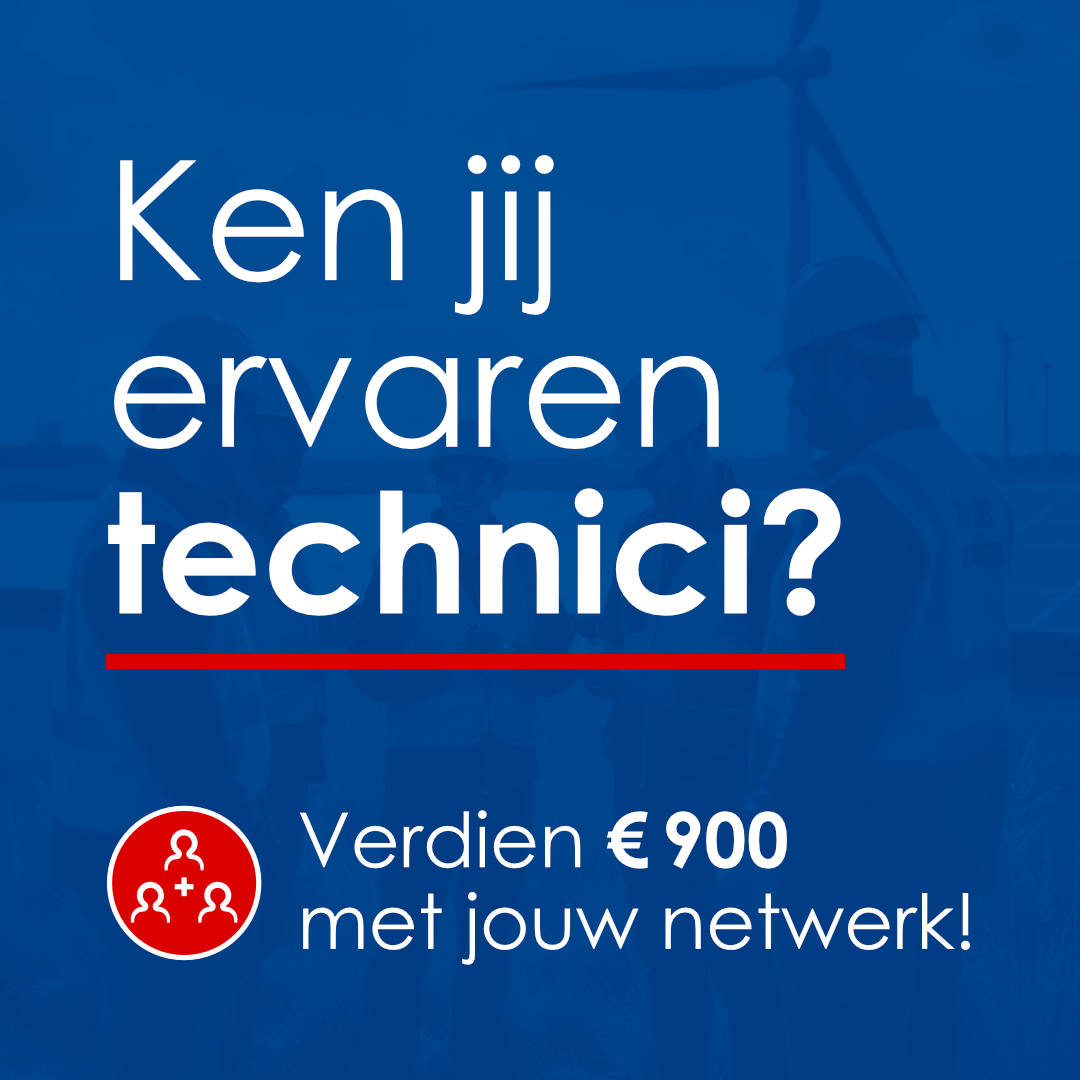 Blauwe banner met technici en witte tekst