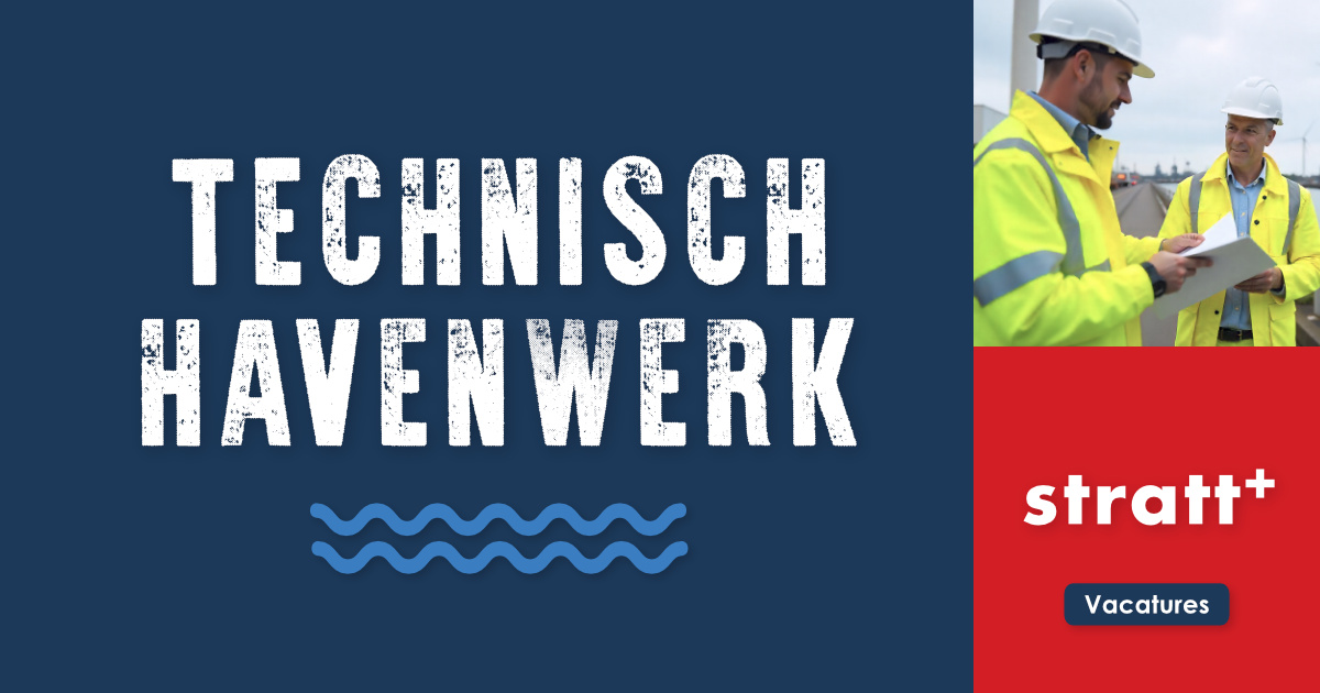 Stratt+ Technisch Havenwerk banner met blauw vlak, logo en engineers in werkkleding tijdens overleg