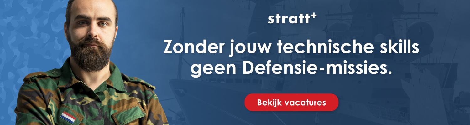 Blauwe banner met mannelijke militair, Stratt+ logo en titel zonder jouw technische skills geen Defensie missies.
