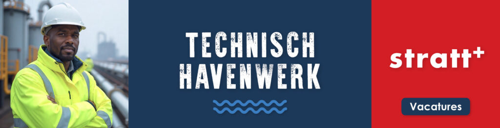 Banner voor technisch havenwerk met engineer in de industrie en Stratt+ logo