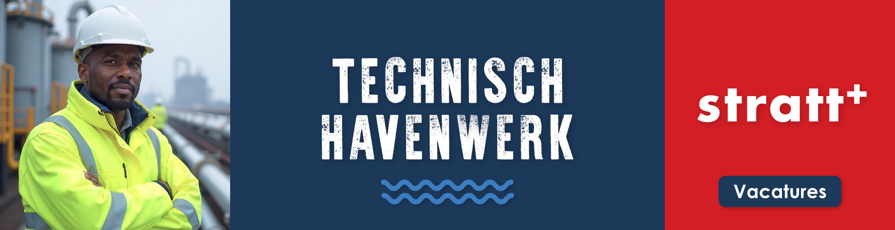 Banner voor technisch havenwerk met engineer in de industrie en Stratt+ logo