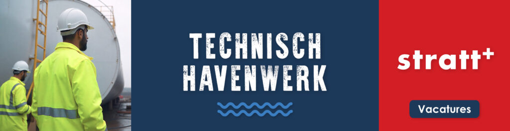 Banner Stratt+ Technisch Havenwerk – Engineers aan het werk bij grote industriële opslagtank in de haven