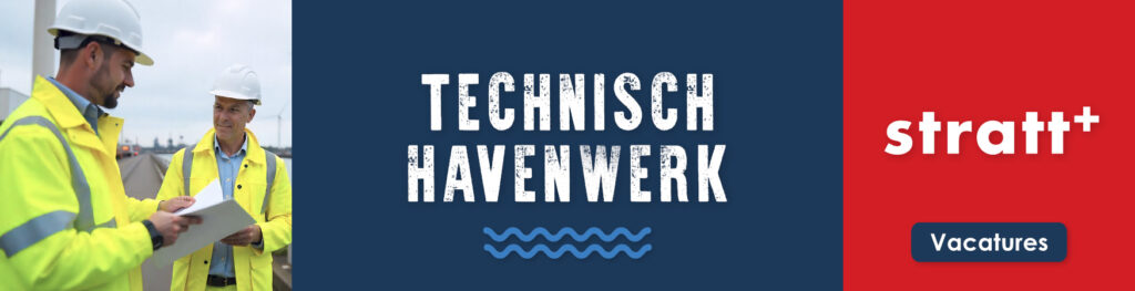 Stratt+ Technisch Havenwerk banner met logo, engineers in overleg bij opslagtanks en windmolens in de haven