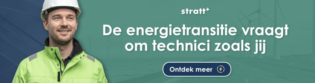 Groen-blauwe banner met een Electrical Engineer die optimistisch uitkijkt naar een horizon vol duurzame kansen.