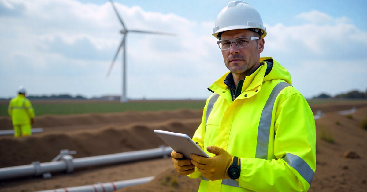 Site Manager Civiel met tablet in de hand zorgt dat duurzame energieprojecten veilig verlopen