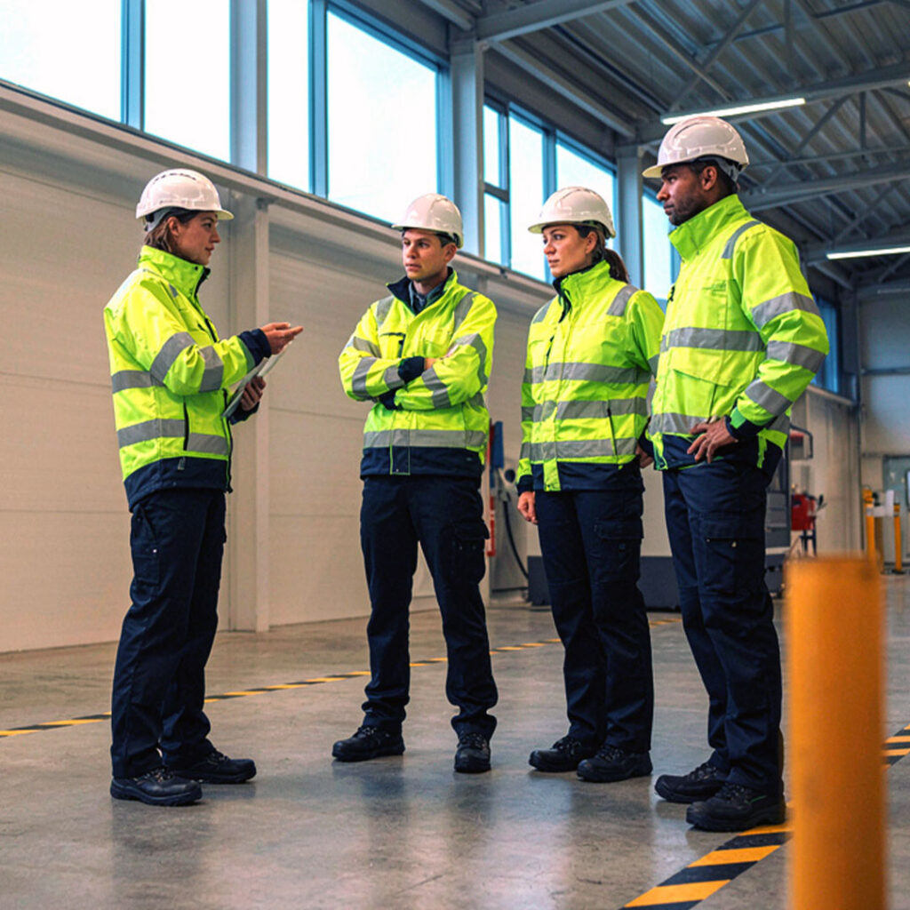 Veiligheidskundige geeft veiligheidsbriefing aan collega op industriële locatie.