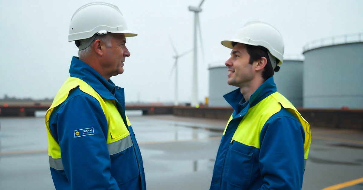 Twee engineers overleggen in de haven over de werkzaamheden