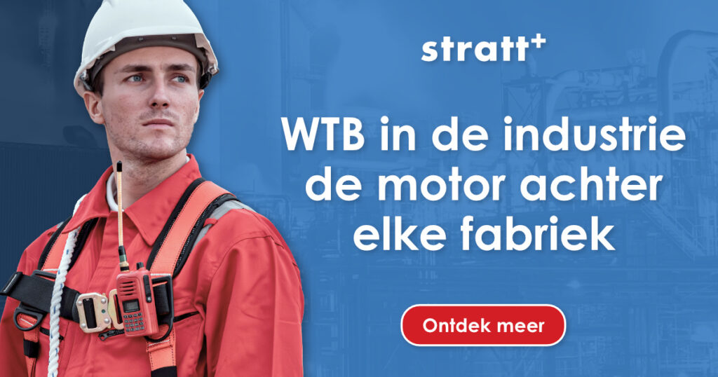 Blauwe Stratt+ banner met een WTB Engineer in rode veiligheidskleding en witte helm, voor een industriële achtergrond.
