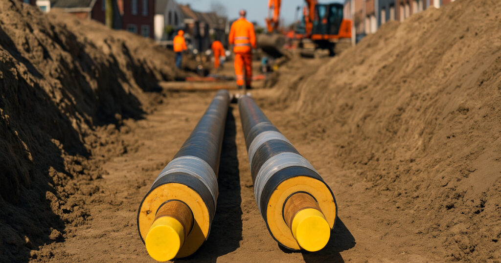Monteurs leggen geïsoleerde leidingen aan in een sleuf voor stadsverwarming in woonwijk.