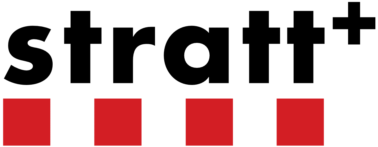 Logo Stratt+ met rode blokjes