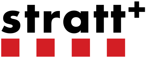 Logo Stratt+ met rode blokjes