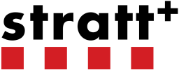Logo Stratt+ met rode blokjes